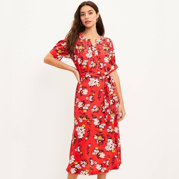 LOFT Dresses & Skirts - LOFT Floral Puff Sleeve Midi Dress in Roast Red Tomato Sz. 4